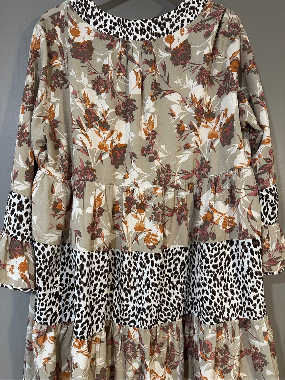 Entro Mixed Print Dress XL Floral & Leopard Ruffle Sleeve Boho Tiered - Picture 11 of 12